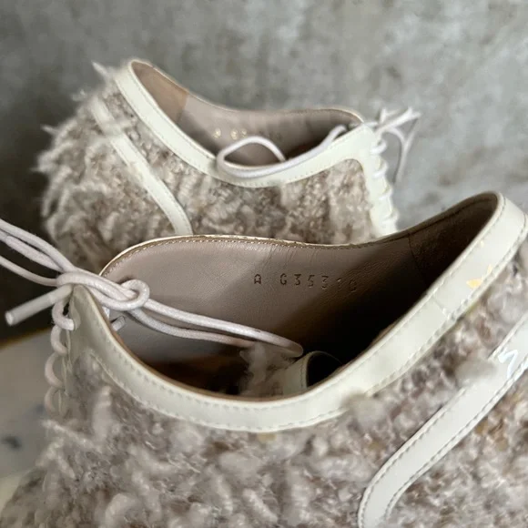 Chanel CC Cream Furry Patent Lace Up Cap Toe Block Heel Oxford - Picture 10 of 14